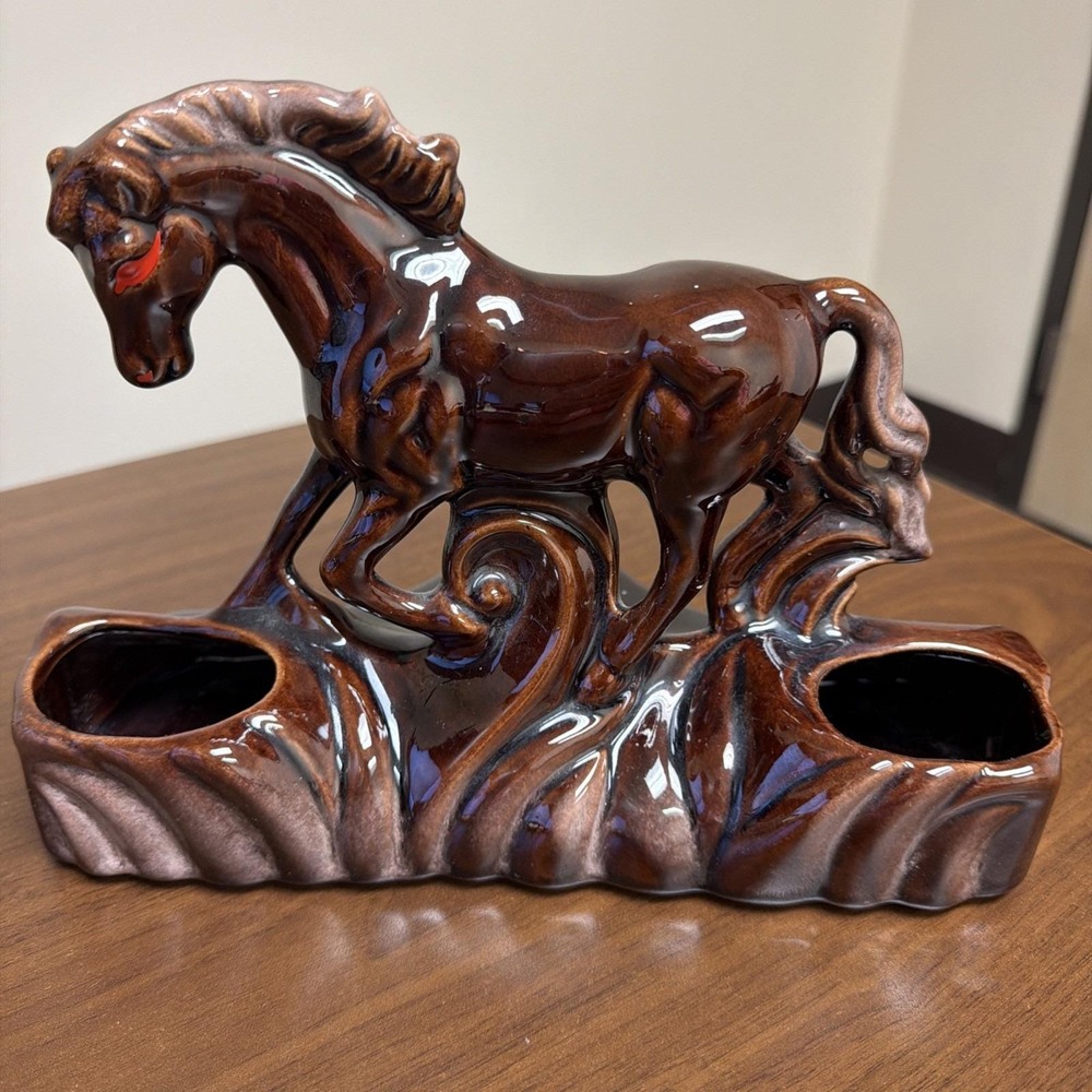 Vintage Ceramic Horse TV Lamp Planter Brown Drip Glaze Red Eyes Mid Century 965